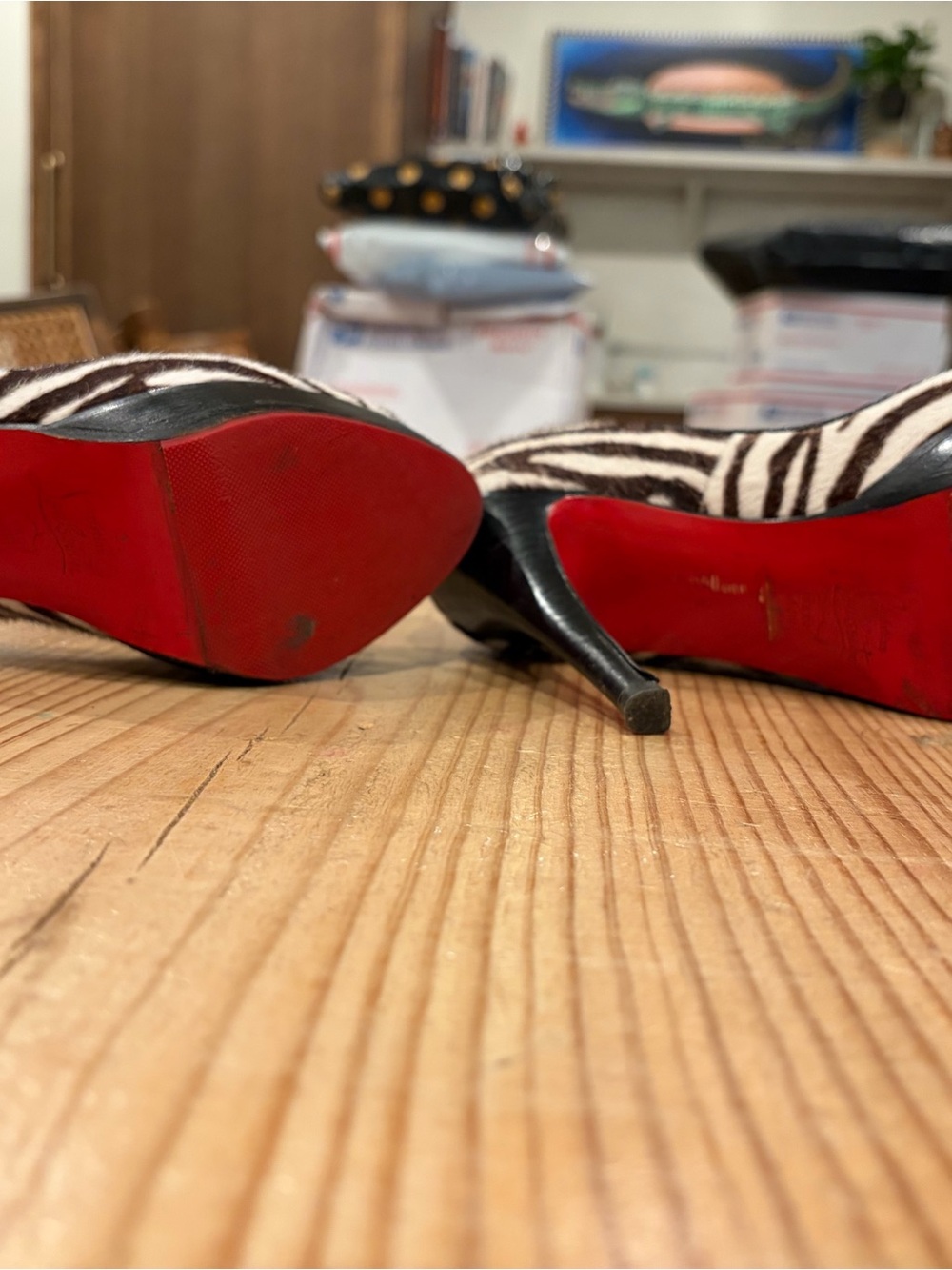 Christian Louboutin Zebra Print Peep-Toe Pumps with Red Soles - Picture 5 of 5